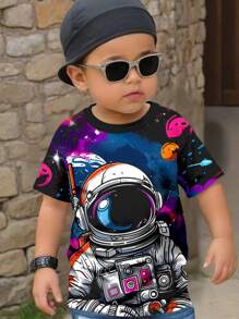 SHEIN Leap Crew Young Boy Casual Simple Cartoon Space Pattern Short Sleeve Round Neck T-Shirt Suitable For Summer - Multicolor - View 1