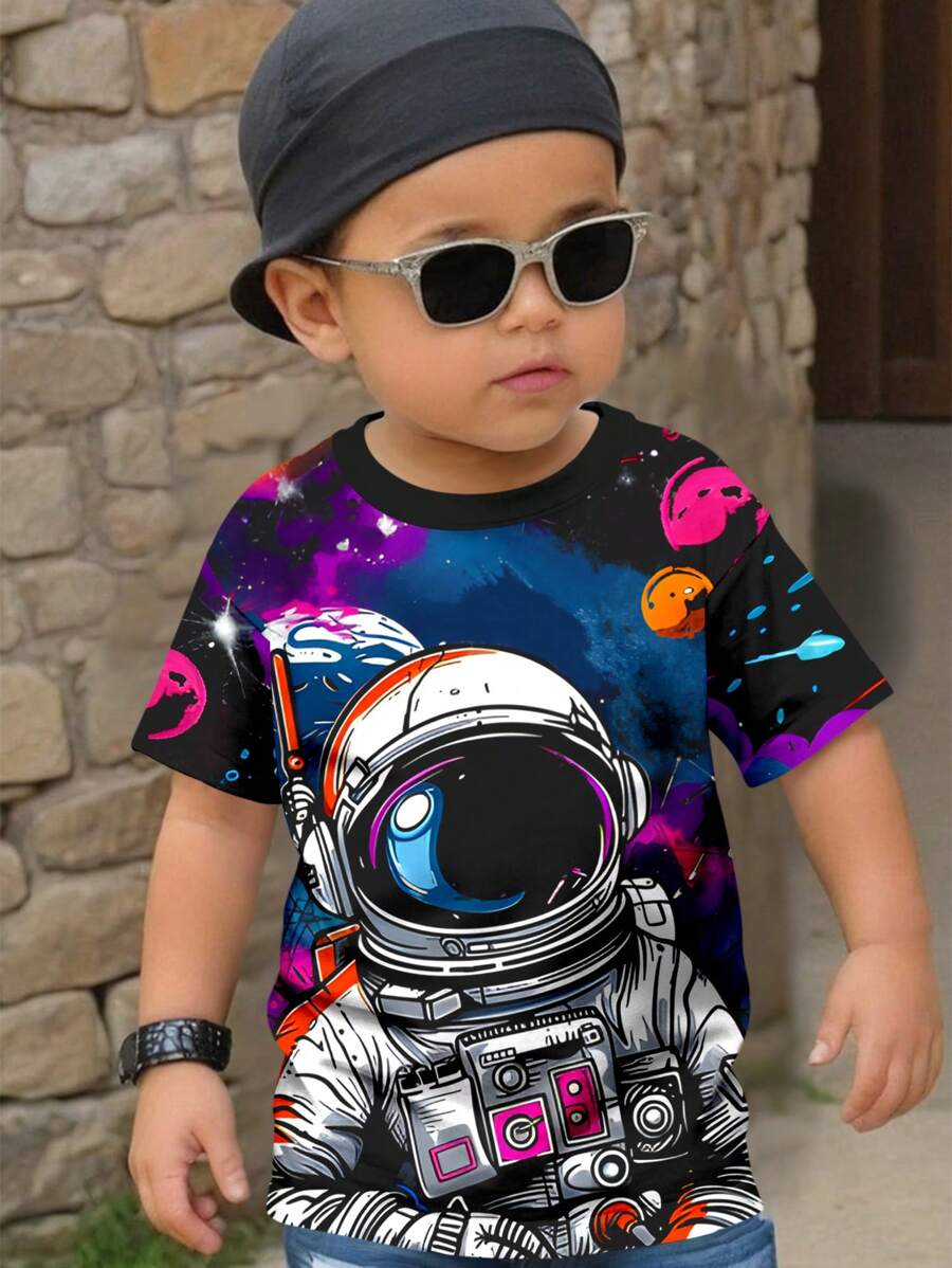 SHEIN Leap Crew Young Boy Casual Simple Cartoon Space Pattern Short Sleeve Round Neck T-Shirt Suitable For Summer - Multicolor - View 1