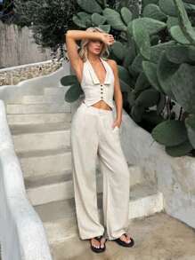 SHEIN EZwear Conjunto de 2 piezas para mujer de oficina estilo caqui: Blusa de cuello halter y pantalones, conjunto casual para ir al trabajo