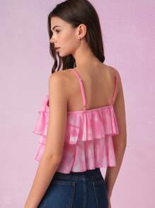 SHEIN MOD Layered Ruffled Pink And White Floral Lace-Up Tank Top,Boho Summer Vacation Holiday Party,Country Western Beach Easter Music Festival Top - Pink - View 2