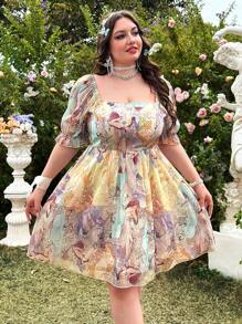 Lyrianda 大码浪漫方领花卉印花荷叶边下摆雪纺连衣裙