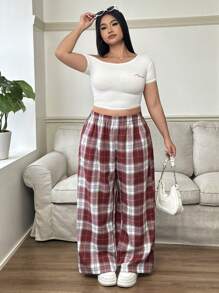 SHEIN EZwear 大码女式格子裤，黑白格子松紧腰口袋阔腿休闲宽松裤，女士冬装 - 紅色 - 查看 6