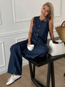 Livesso 女士休闲单排扣条纹牛仔背心和宽松阔腿裤套装 - 深色水洗藍 - 查看 6