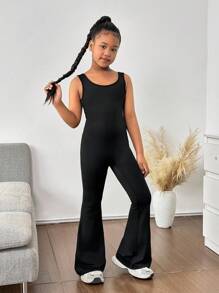 SHEIN Tween 女童时尚街头服饰纯色针织无袖露背短款上衣和喇叭裤套装，休闲黑色连体裤，返校季 - 黑色 - 查看 2