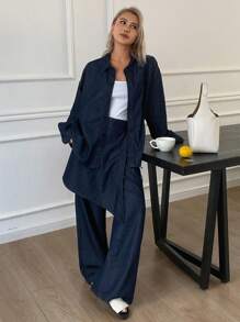 Livesso Bộ 2 món áo sơ mi và quần denim cho nữ, trang phục mùa hè tối giản và thời trang - Rửa tối - Xem 4