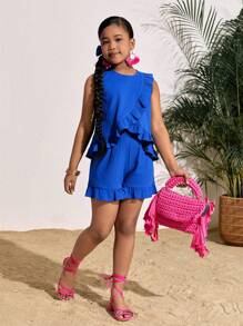 SHEIN 青少年女孩蓝色度假圆领荷叶边下摆上衣和荷叶边下摆短裤两件套