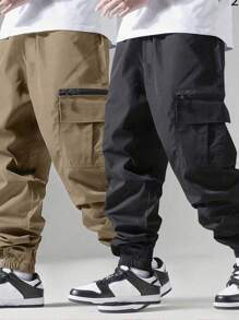 SHEIN 2 件/套年轻男孩休闲宽松纯色工装裤，带口袋，2 种不同款式，春夏，适合日常休闲、运动、户外、学校、派对、活动、拍照