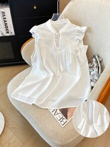 SHEIN LUNE Plus Size Women Solid Color Embroidered Tassel Tie Neck Cap Sleeve Blouse - White - View 1