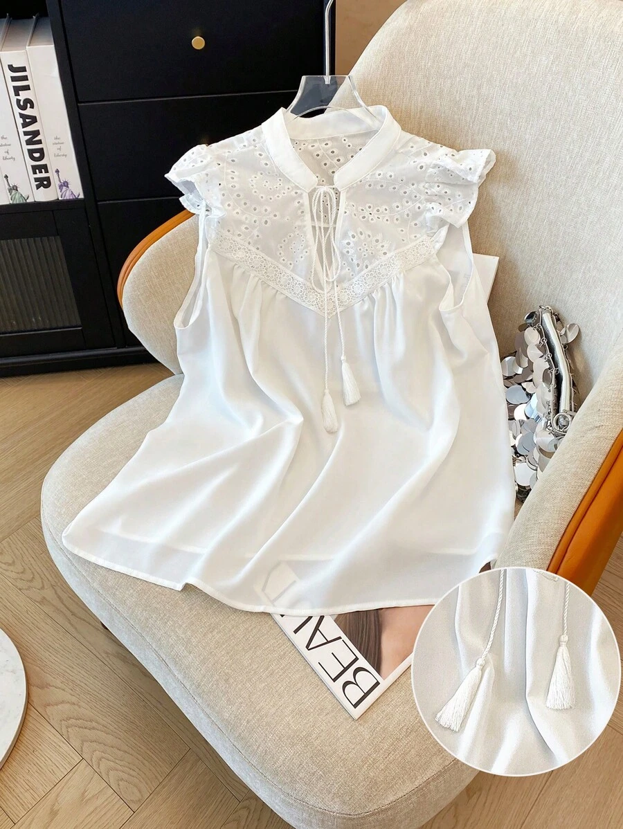 SHEIN LUNE Plus Size Women Solid Color Embroidered Tassel Tie Neck Cap Sleeve Blouse - White - View 1