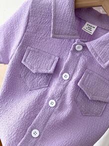 SHEIN Genkimix Kids 2pcs/Set Baby Boy/Girl Purple Collar Short Sleeve Shirt And Shorts Textured Fabric Outfit, Suitable For Baby To Wear In Summer For Playing, Vacation, Picnic, Easy To Put On And Take Off Toddler Summer Clothes Toddler Summer Boy Clothes
