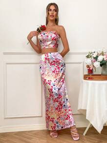 SHEIN VCAY 2pcs/Set Women Ditsy Floral Satin Bandeau Top And Long Maxi Skirt, Spring/Summer Prom Dresses For Ladies Birthday Dresses For Women Formal Prom Dresses For Women Clothing Women Two Pieces Outfits Birthday Outfits For Women Two Pieces Outfits Women Elegant Dresses Women Dresses Vacation
