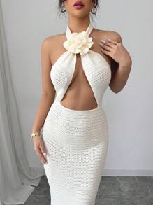 Calvaya Robe tricotée élégante et sexy avec décoration florale 3D, dos nu, encolure en V