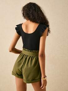 SHEIN Frenchy Two Tone Ruffle Sleeve Paperbag Waist Belted Romper Summer Casual - Multicolor - View 4