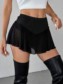 SHEIN PETITE Shorts mini plisados de unicolor para mujer, estilo minimalista adecuado para el verano - Negro - Ver 9