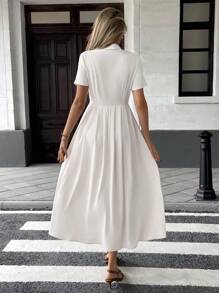 Pariaura 杏色荷叶边下摆口袋衬衫裙，女士休闲优雅通勤长裙 - 杏色 - 查看 2