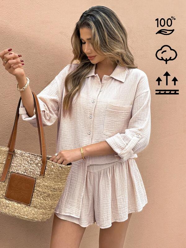 SHEIN Frenchy 2pcs Women's Casual Loose Long Sleeve Shirt And Shorts Set, Spring/Autumn Winter