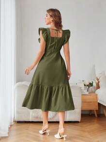 Aveloria Rosie 纯色方领荷叶边袖孔和下摆连衣裙度假装女士