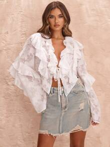 SHEIN BAE Spring/Summer Solid White Long Sleeve Tie-Front Ruffle Trim Lace Overlay Women Blouse, Holiday Shirt, Ruffle Blouse - White - View 6