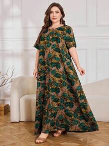 SHEIN Lacomfia Abito casual a fiori con maniche corte, morbido e ampio, taglie forti, adatto per primavera ed estate