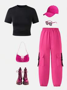 2pcs Teenage Girl Set: Lip-Printed Top + Utility Cargo Pants - Hot Pink - View 7