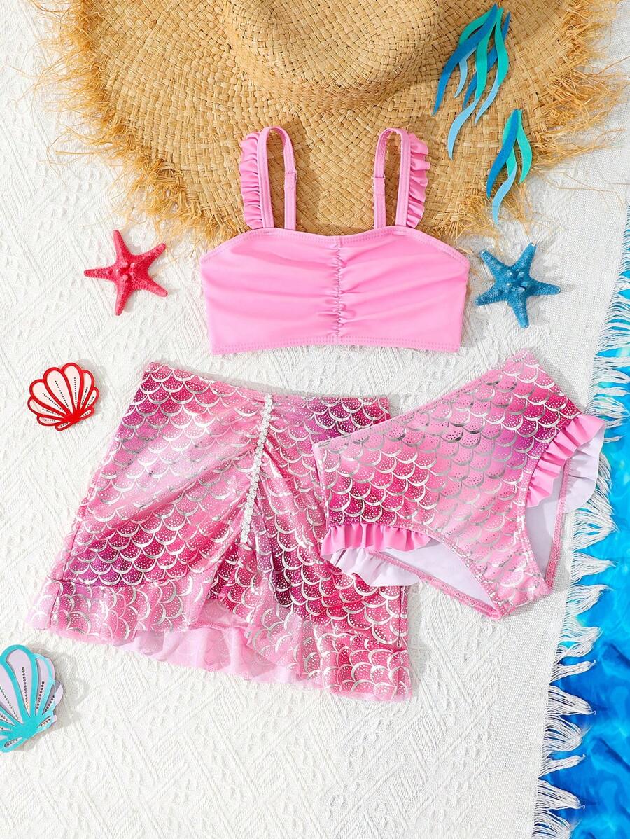 SHEIN Bộ đồ bơi ba mảnh cho bé gái có họa tiết vảy cá và viền bèo nhún đi biển kèm váy che - Nhiều màu - Xem 1