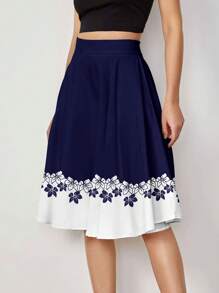 SHEIN Clasi 浪漫蓝色花卉印花女式简约A字裙，适合夏季女士服装夏季 - 藍白色 - 查看 5