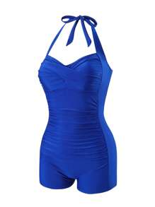 Swim Lushoire 1 件女式纯色露背吊带连体泳衣，适合海滩度假