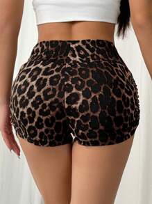 MainGRL Women's Sexy Side Ruched Leopard Print Casual Cropped Leggings Shorts - Brown - View 2