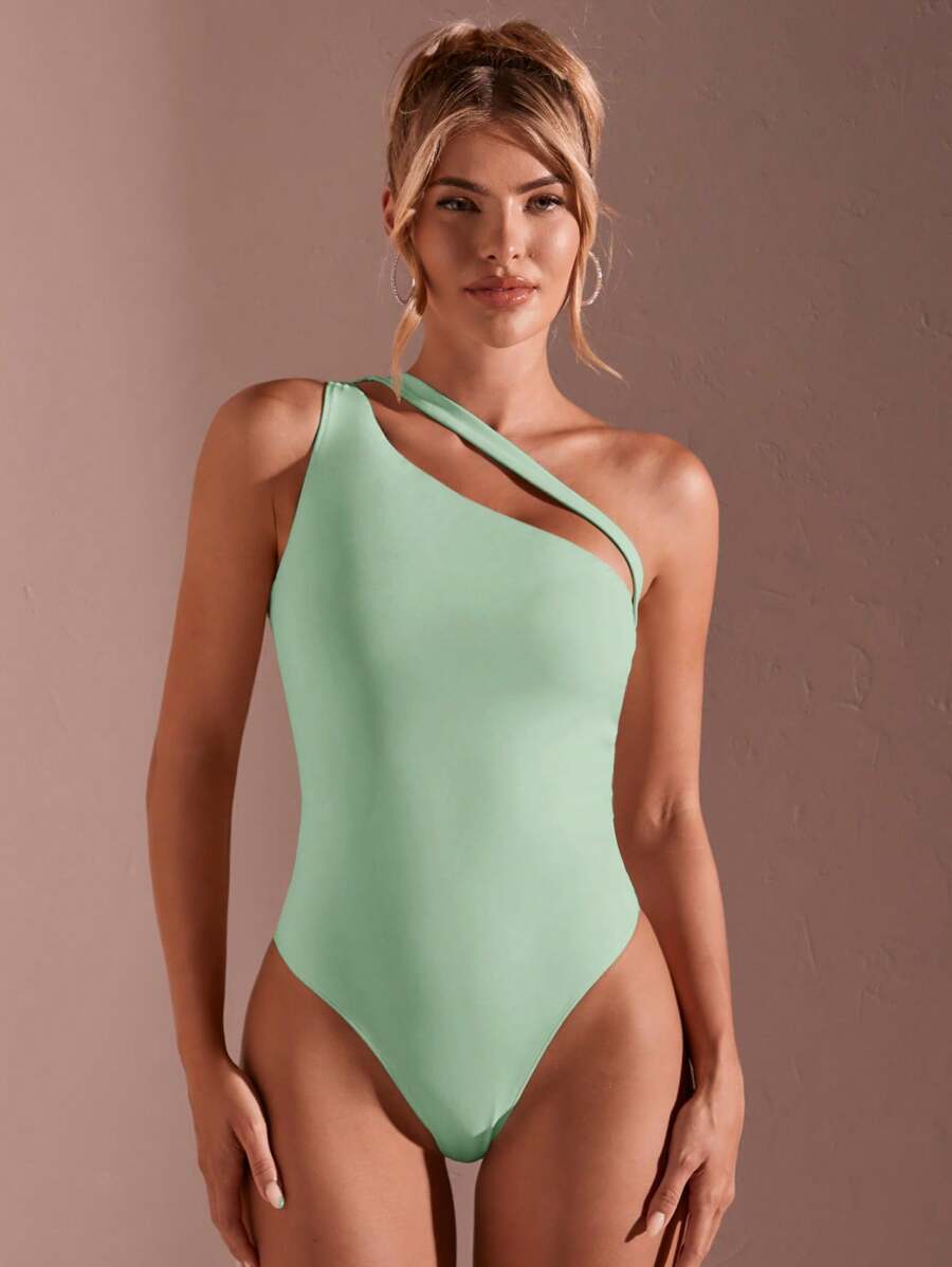 SHEIN BAE 春夏衣服度假海滩女士纯色简约日常不对称领口紧身衣女士紧身衣 - 薄荷綠 - 查看 1