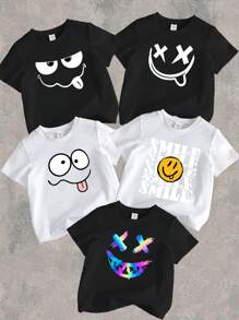 SHEIN Explorewe 5pcs/Set Young Boys Funny Face Print Crew Neck Short Sleeve T-Shirts, 3pcs Black & 2pcs White, School, Campus, College