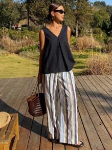 DAZY Bộ 2 áo vest không tay cổ chữ V phong cách mùa xuân Hàn Quốc cổ điển + quần dài ống rộng kẻ sọc, trang phục mùa hè - Màu xanh hải quân - Xem 5