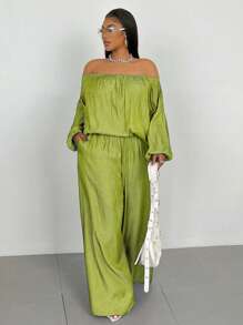 Maweii Plus Size Solid Color Off Shoulder Lantern Sleeve Top And Pants 2 Pieces Set Fall Cloth For Women - Lime Green - View 4