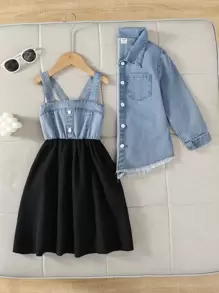 SHEIN 2pcs Young Girl' Spring Casual Denim Jacket And Knit Panel Denim Dress Set, Young Girl Formal Dress - Blue - View 1