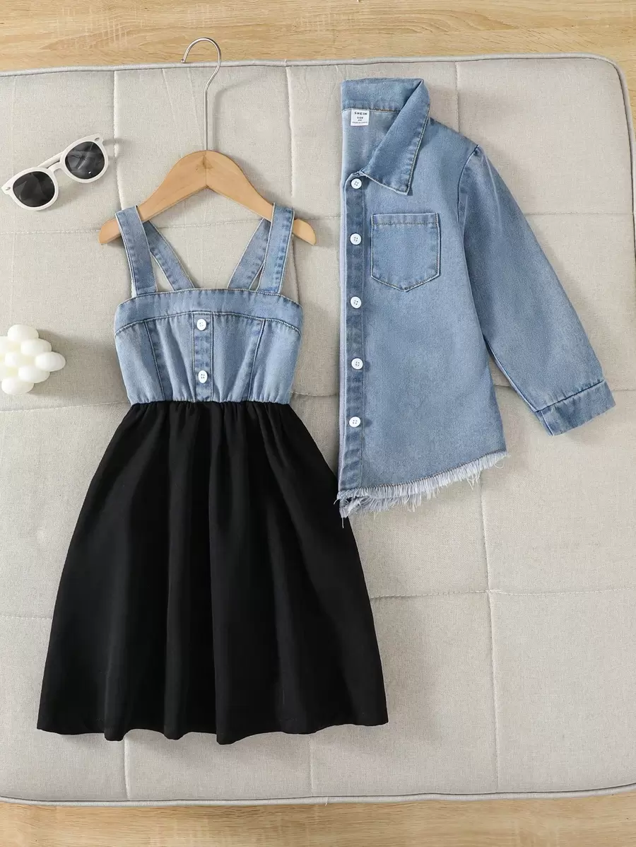 SHEIN 2pcs Young Girl' Spring Casual Denim Jacket And Knit Panel Denim Dress Set, Young Girl Formal Dress - Blue - View 1