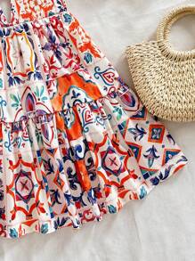 Soleia Women's Summer Vacation Style Colorful Sicilian Floral Print Hollow Back Layered Ruffle Hem Short Dress, Autumn,Sun Dress