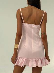 Aloruh Romantic Date Shallow Pink Spaghetti Strap Wrap Draped Neck 3D Floral Ruffle Women Mini Dress - Baby Pink - View 2