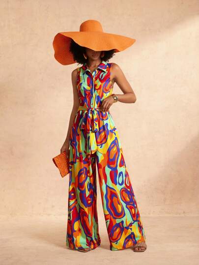 Slaydiva 寬鬆假期風格全印花連身褲，線條圖案，腰部有腰帶