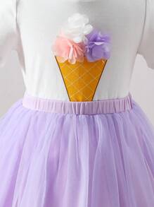 SHEIN Baby Girls' Casual Cute White Knitted Solid Ice Cream Print Floral Decor Short Sleeve T-Shirt & Mesh Skirt 2pcs Set - Purple - View 7