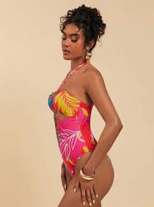 Travachic 1pc Women's Simple Fashion One-Piece Swimsuit, Suitable For Summer,Adjustable Strap Floral Print One-Piece Swimsuit, Fitted Casual Style, Summer Beach Vacation, Fitted Casual Style,Backless,Beachwear High Waisted,Beach Outfits For Woman,Sexy,Summer Outfits For Women, For Beach Vacation For Summer Beach Vacation,Boho,Vacation,LINEN,Crochet - Hot Pink - View 3