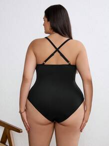 SHEIN Tall CURVE Plus Size Women Solid Color Ruched Criss-Cross Backless One-Piece Bodysuit - Black - View 2
