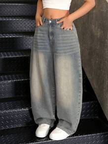 SHEIN Jeans de mezclilla holgados y casuales con estilo retro vintage Y2K para adolescentes, para looks de streetwear. Outfits bohemios de verano para adolescentes, para conciertos rave y festivales. - Azul lavado oscuro - Ver 4