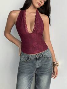 Aloruh 女士优雅简约时尚休闲街头通勤蕾丝纯色吊带背心性感火辣音乐节演唱会工作简约时尚吊带背心适合夏季、复活节、度假、伊比沙岛、乡村、办公室、毕业典礼、返校季、夏季上衣 - 酒紅色 - 查看 3