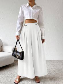 SHEIN Essnce 女士高腰阔腿裤，纯色，时尚通勤