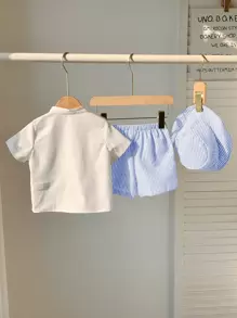 SHEIN Conjunto de 3 piezas de ropa de verano para niño/niña bebé: Sombrero de pescador a rayas, camisa blanca de botones, pantalones cortos a rayas casuales - Adecuado para interior, exterior, vacaciones