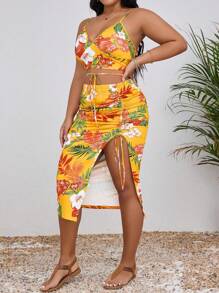 Breezaya Plus Size Tropical Print Camisole And Drawstring Waist Slit Hem Skirt 2 Pieces Set, Casual Holiday Style