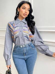 Modelyn Women's Loose Fit Sequin Embroidered Drop Shoulder Arabic Style Top Summer Outfits For Women