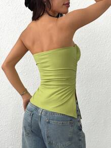 SHEIN EZwear 女士简约纯色褶皱不对称下摆抹胸上衣 - 綠色 - 查看 2