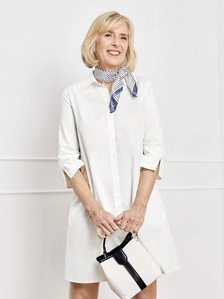 Women's Casual Daily Wear Shirt Collar 3/4 Sleeve Slit Cuffs Short Dress For Spring/Summer White Dresses For Women