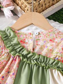 Baby Girl Summer Cute Ruffle Asymmetrical Top & Mixed Ditsy Floral Patch Dress, Comfortable Outdoor Outfit, For Spring