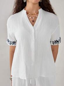 Florisole Conjunto de 2 piezas para mujer: pantalón recto holgado de vacaciones con cuello en V elegante y estampado de bordado floral